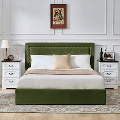 Lit coffre Sandiego avec sommier relevable 160x200cm et tête de lit cloutée Velours Kaki