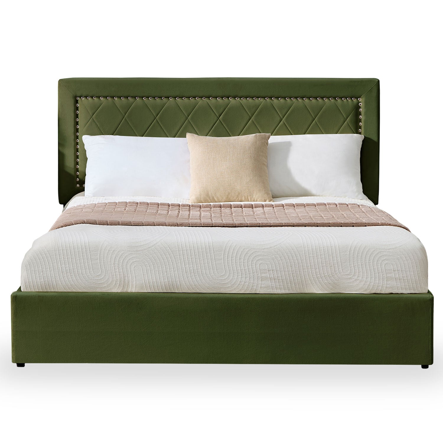 Lit coffre Sandiego avec sommier relevable 160x200cm et tête de lit cloutée Velours Kaki