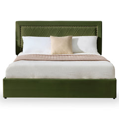 Lit coffre Sandiego avec sommier relevable 160x200cm et tête de lit cloutée Velours Kaki