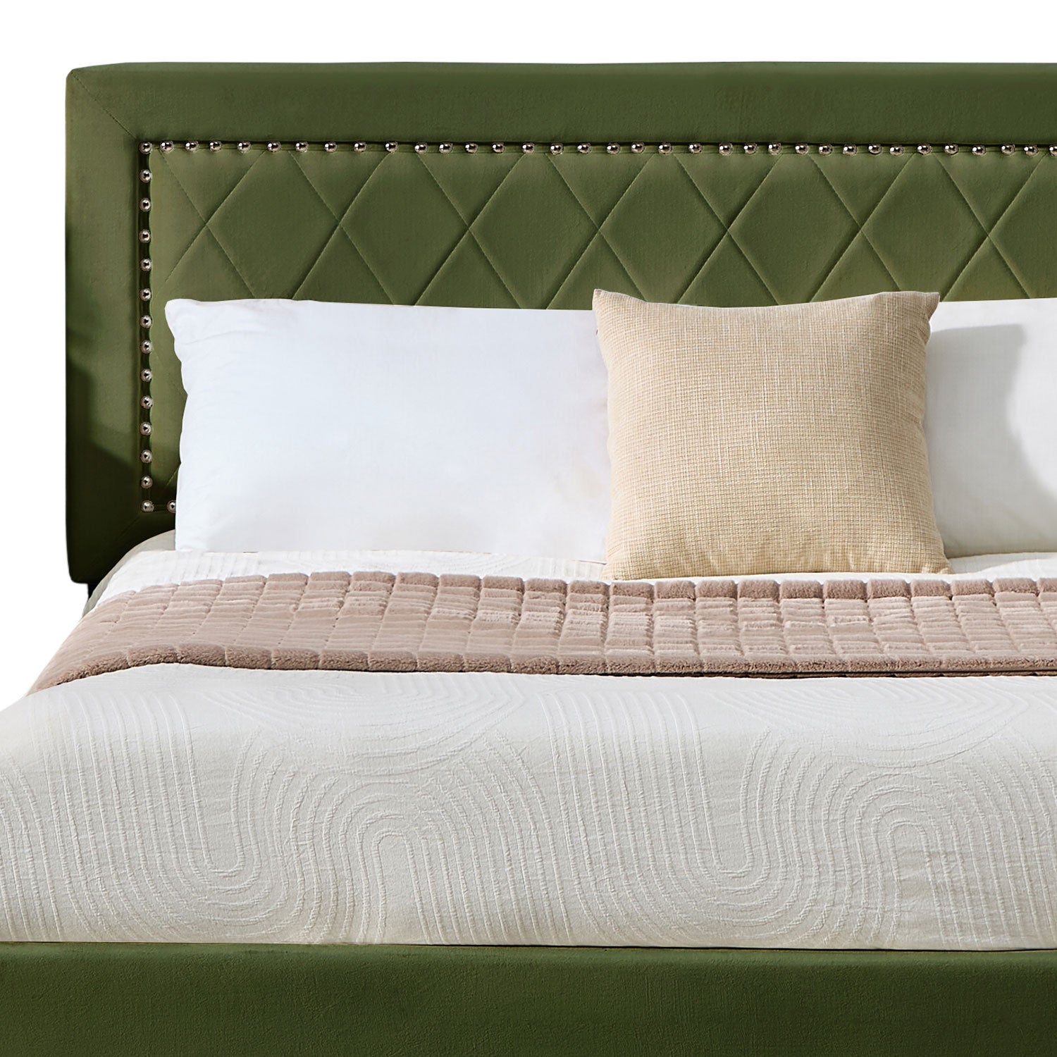 Lit coffre Sandiego avec sommier relevable 160x200cm et tête de lit cloutée Velours Kaki