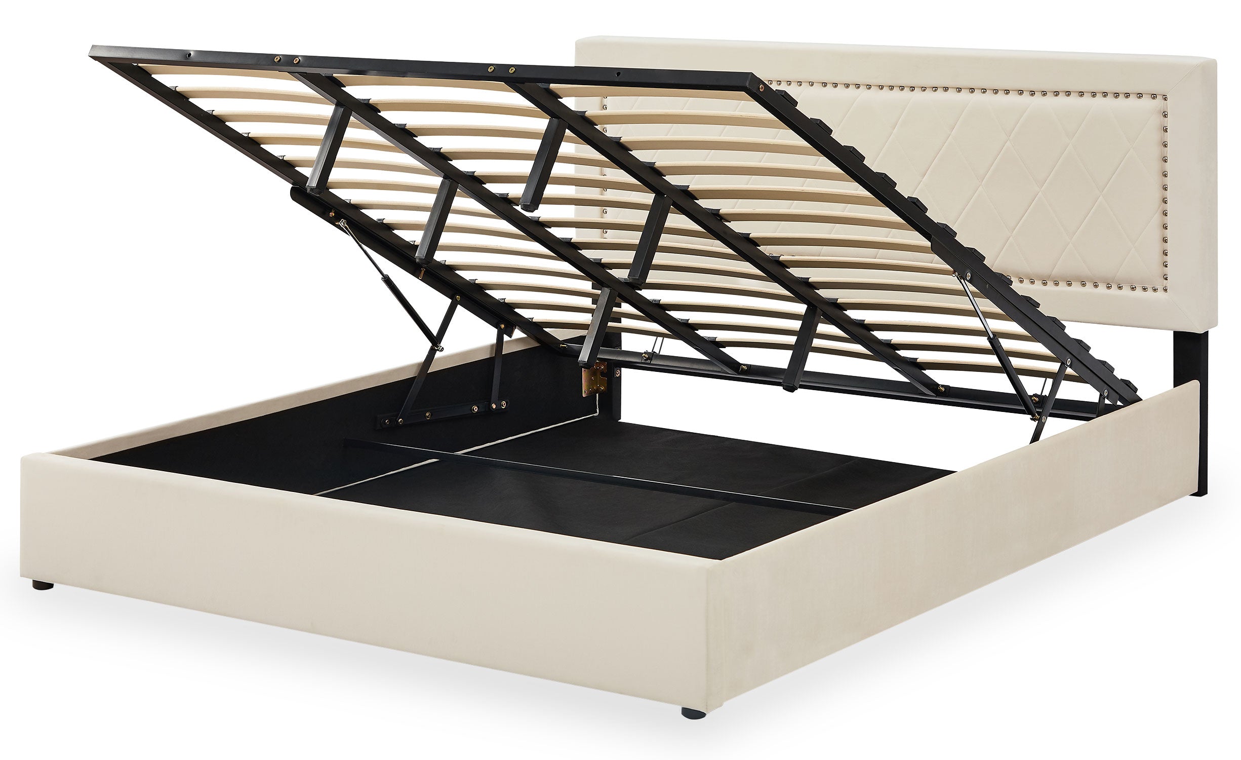 Lit coffre Sandiego avec sommier relevable 180x200cm et tête de lit cloutée Velours Beige clair