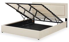 Lit coffre Sandiego avec sommier relevable 180x200cm et tête de lit cloutée Velours Beige clair