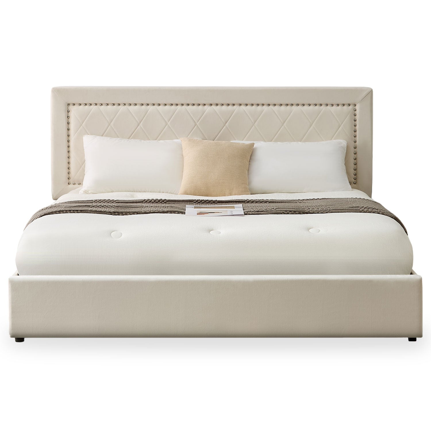 Lit coffre Sandiego avec sommier relevable 180x200cm et tête de lit cloutée Velours Beige clair