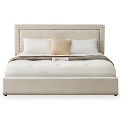 Lit coffre Sandiego avec sommier relevable 180x200cm et tête de lit cloutée Velours Beige clair