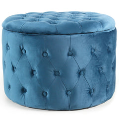 Pouf coffre rond Salvina en velours capitonné Bleu