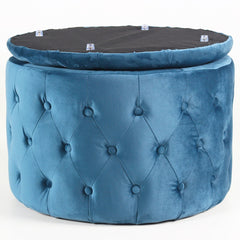 Pouf coffre rond Salvina en velours capitonné Bleu