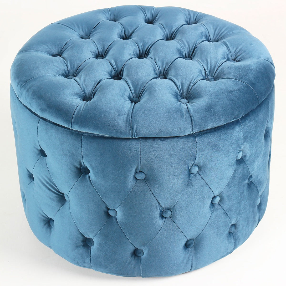 Pouf coffre rond Salvina en velours capitonné Bleu