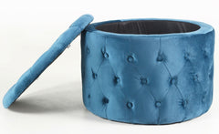 Pouf coffre rond Salvina en velours capitonné Bleu
