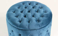 Pouf coffre rond Salvina en velours capitonné Bleu