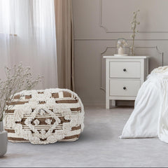 Pouf carré en tissu beige et marron