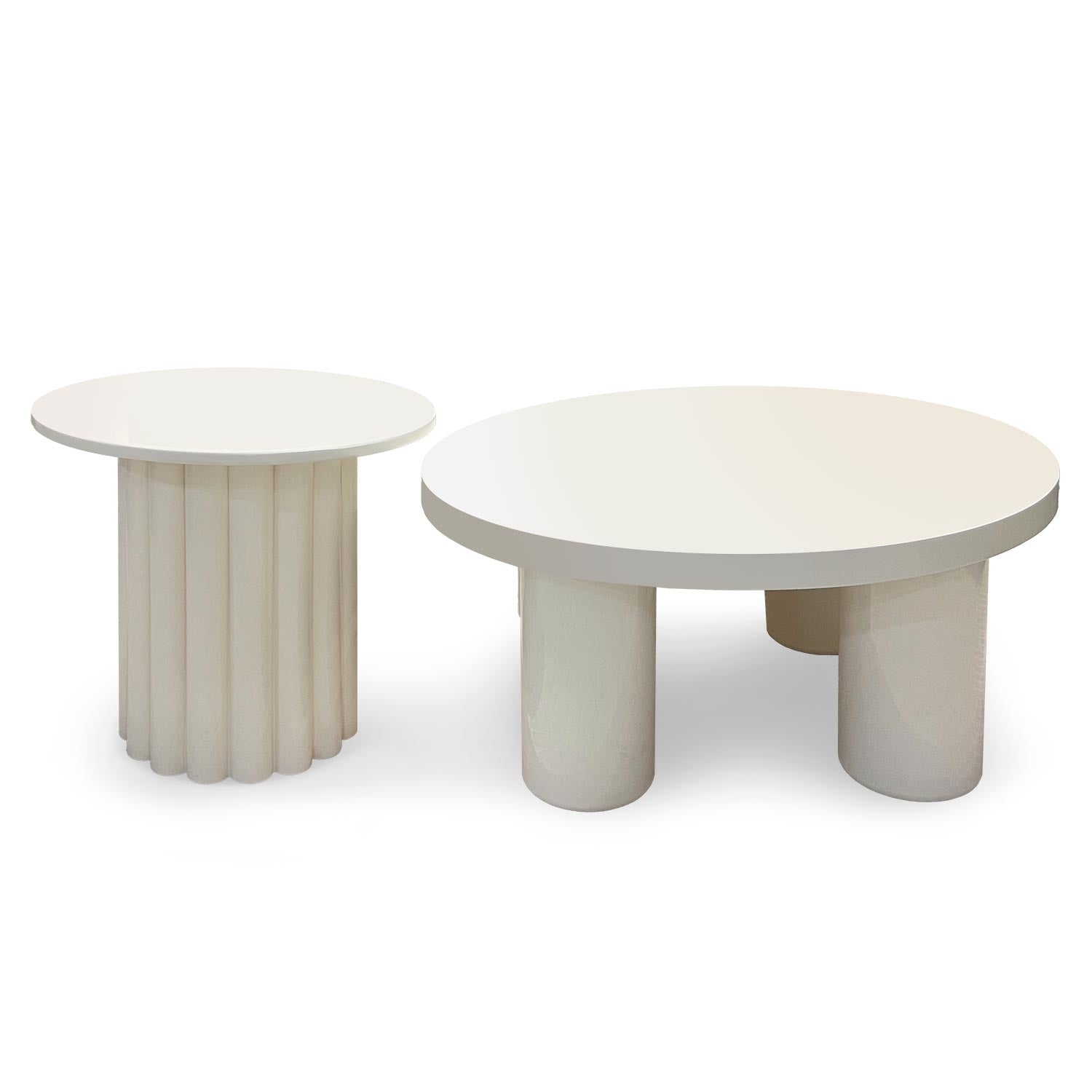 Ensemble de 2 tables basses rondes avec piètement style colonne Storia Crème