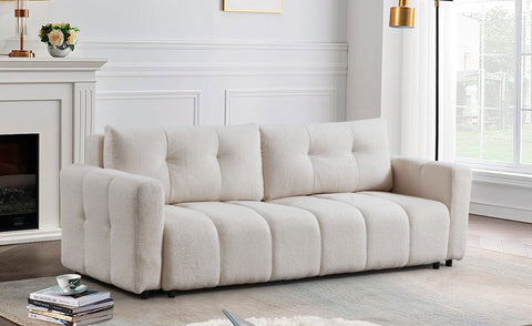 Canapé convertible 3 places Camus en tissu bouclette crème
