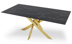 Table à manger Naelle en Verre effet marbre Noir et pieds Or