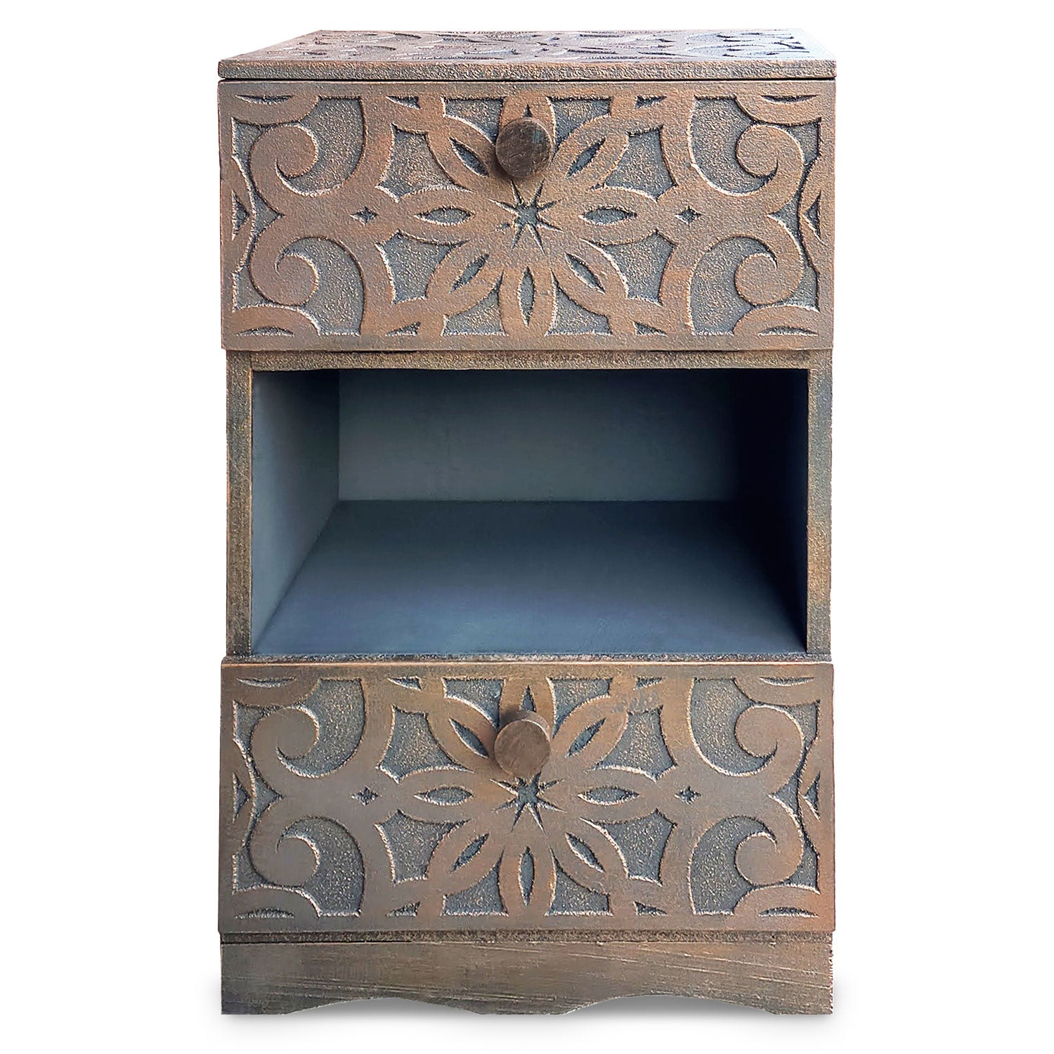 Table de chevet orientale bois sculpté 2 tiroirs Monboly Cuivre