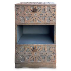 Table de chevet orientale bois sculpté 2 tiroirs Monboly Cuivre