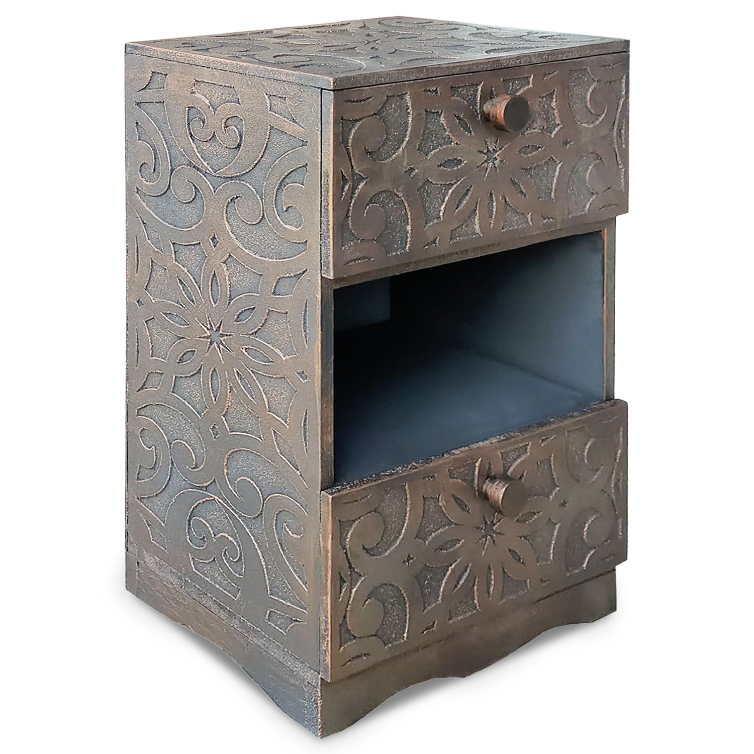Table de chevet orientale bois sculpté 2 tiroirs Monboly Cuivre