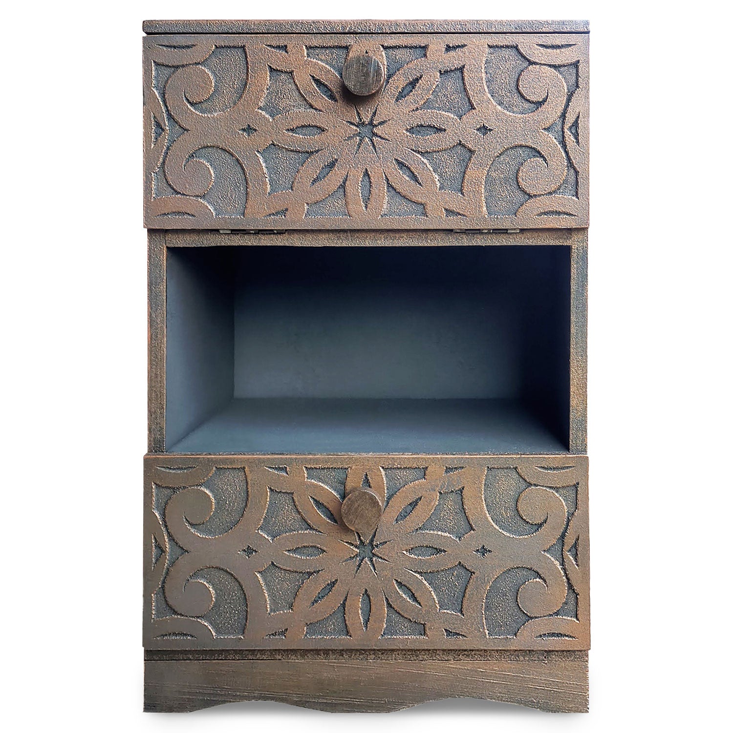 Table de chevet orientale bois sculpté 2 tiroirs Monboly Cuivre