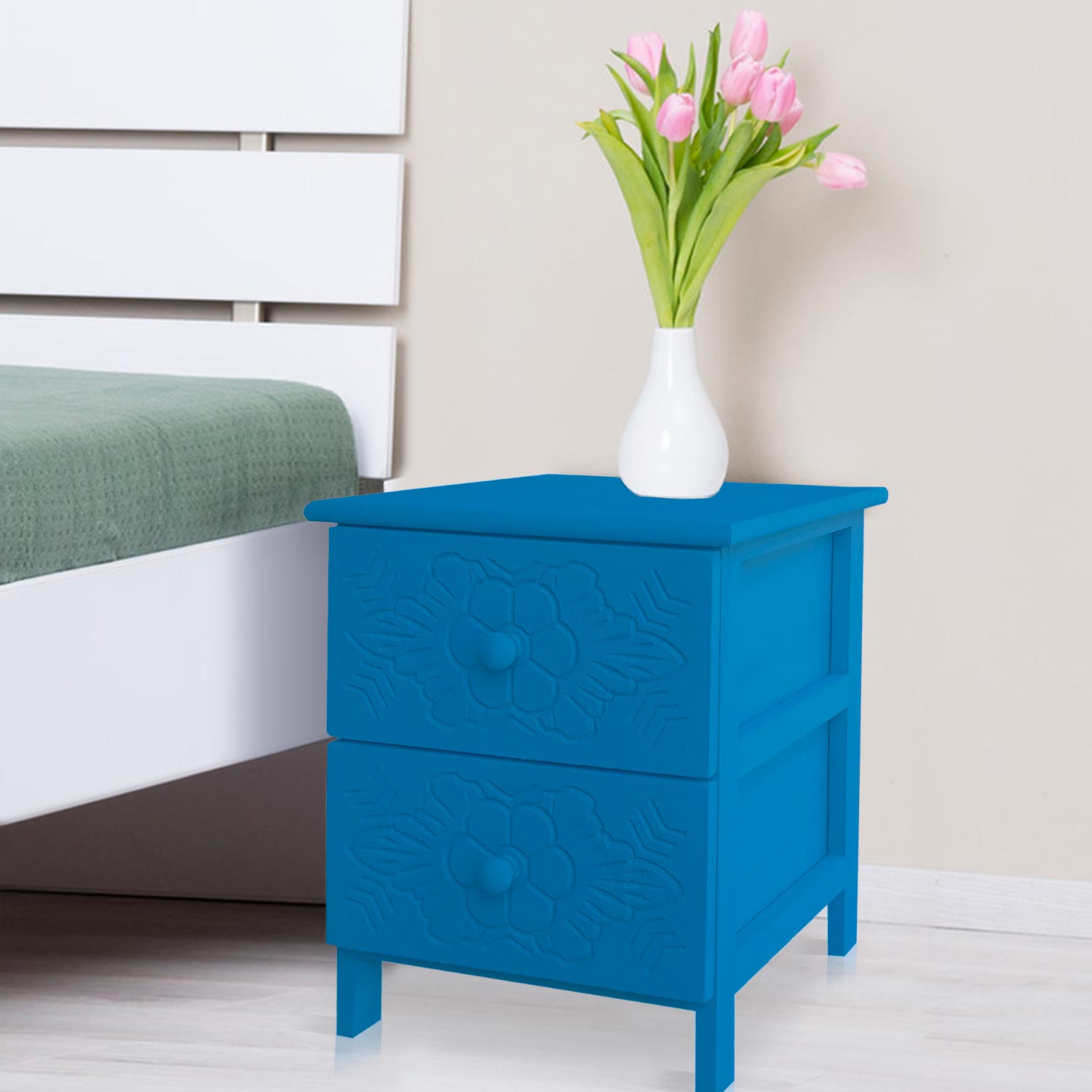 Table de chevet sculptée style marocain Chevignon L36cm Bois Bleu