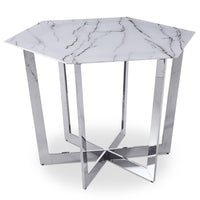 Table hexagonale 120 cm verre effet marbre blanc pieds métal argenté