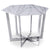 Table hexagonale 120 cm verre effet marbre blanc pieds métal argenté
