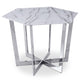 Table hexagonale 120 cm verre effet marbre blanc pieds métal argenté