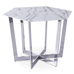 Table hexagonale 120cm Zadig Verre Effet marbre blanc et pied Métal Argent