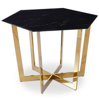 Table hexagonale 120 cm verre marbre noir pieds métal doré