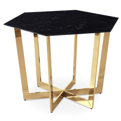 Table hexagonale 120cm Zadig Verre Effet marbre noir et pied Métal Or
