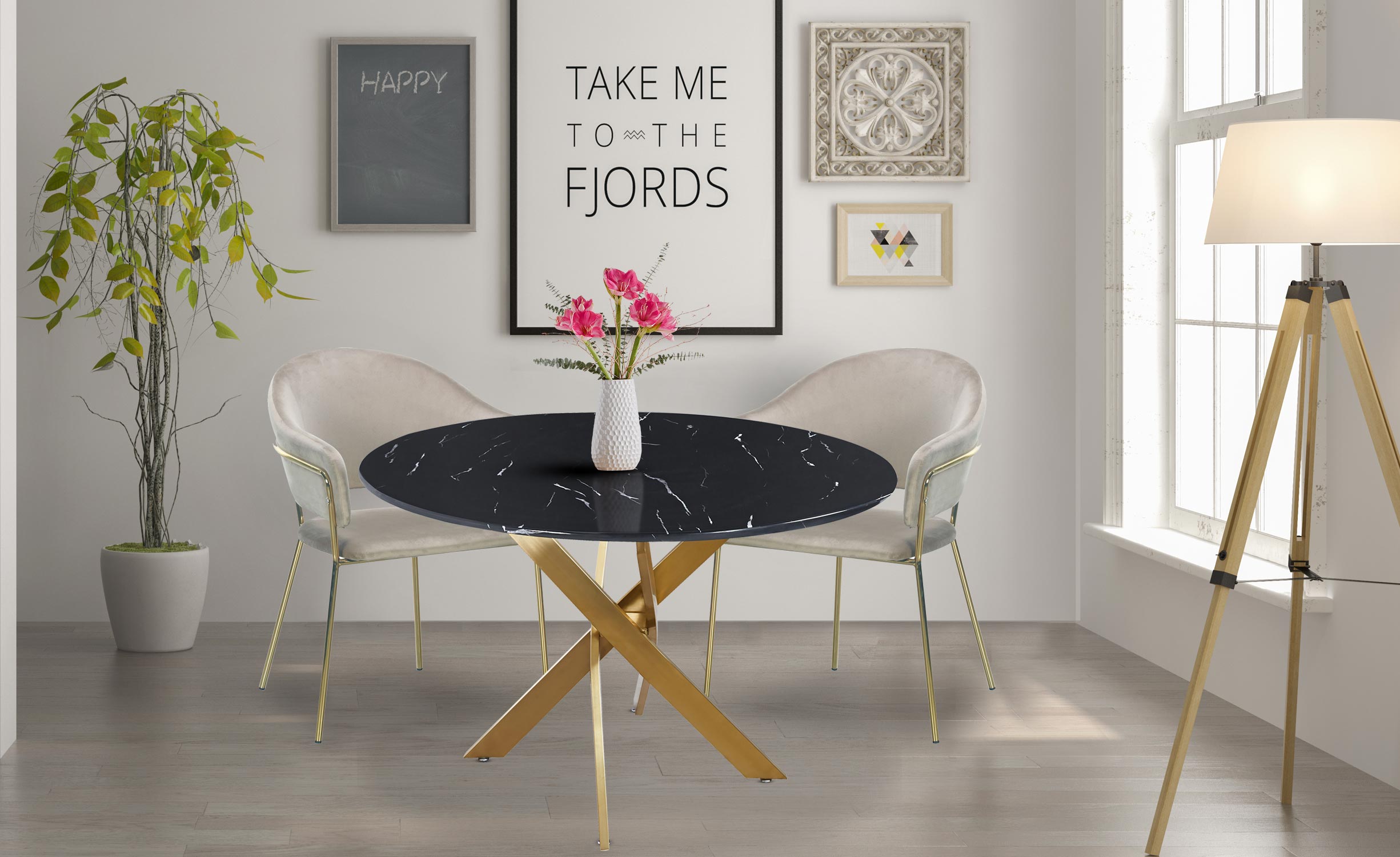 Table ronde Corix Verre effet Marbre Noir et pieds Or