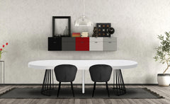 Table ronde extensible blanche avec rallonges et pieds noirs