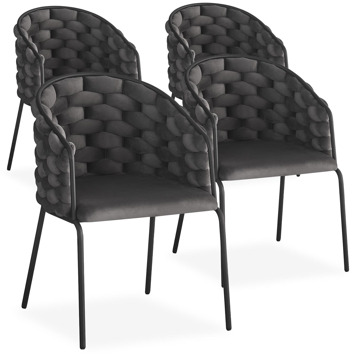 Lot de 4 chaises design au dossier arrondi style maillage Tricotane Velours Gris et Métal Noir