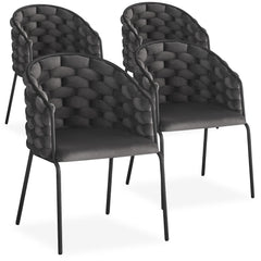 Lot de 4 chaises design au dossier arrondi style maillage Tricotane Velours Gris et Métal Noir