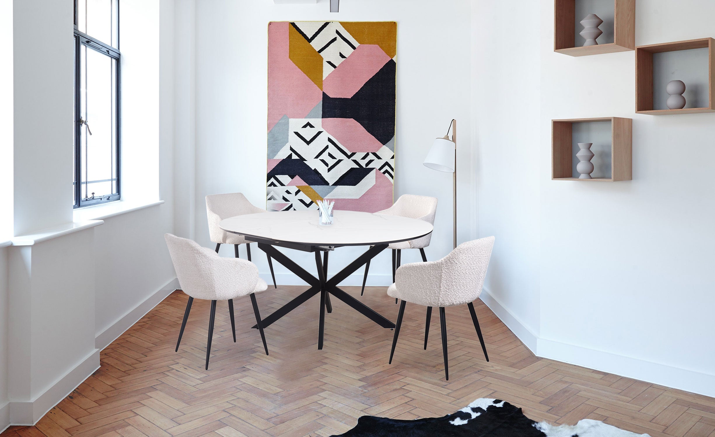 Table extensible Tyrese 160cm pieds en étoile et plateau effet marbre Blanc