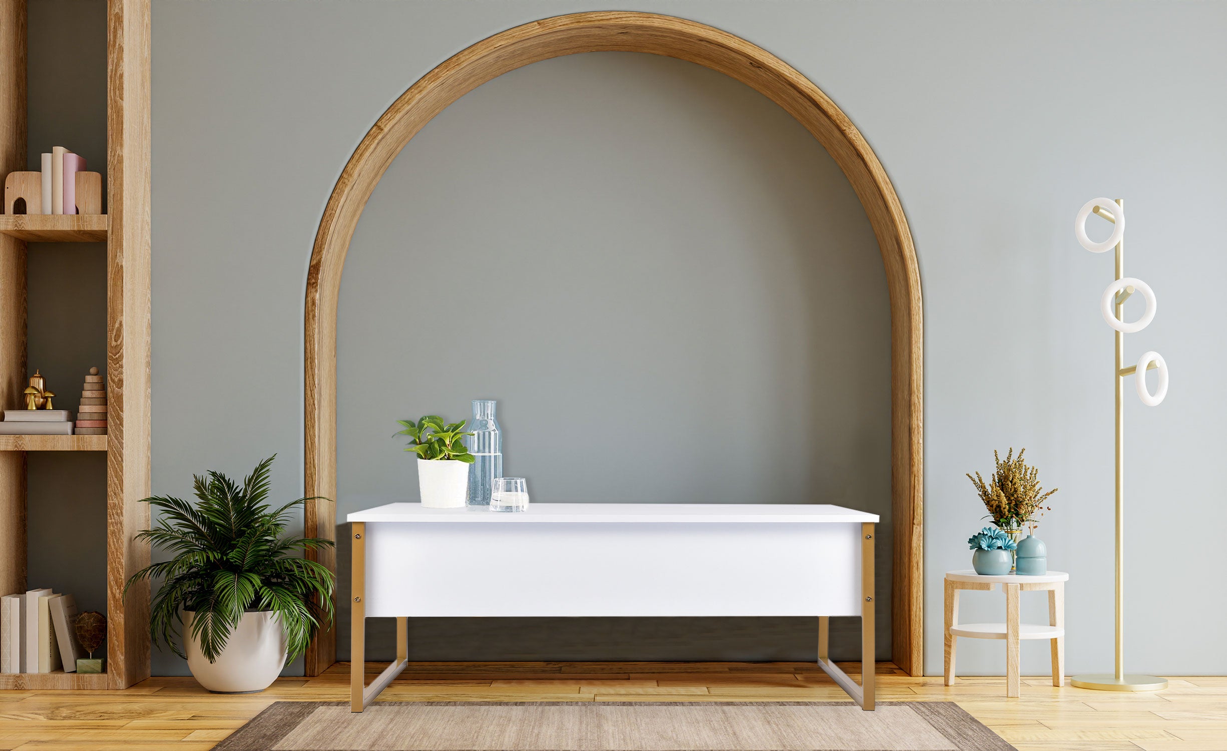 Table basse moderne Valmain 60x90cm Blanc et Métal Or