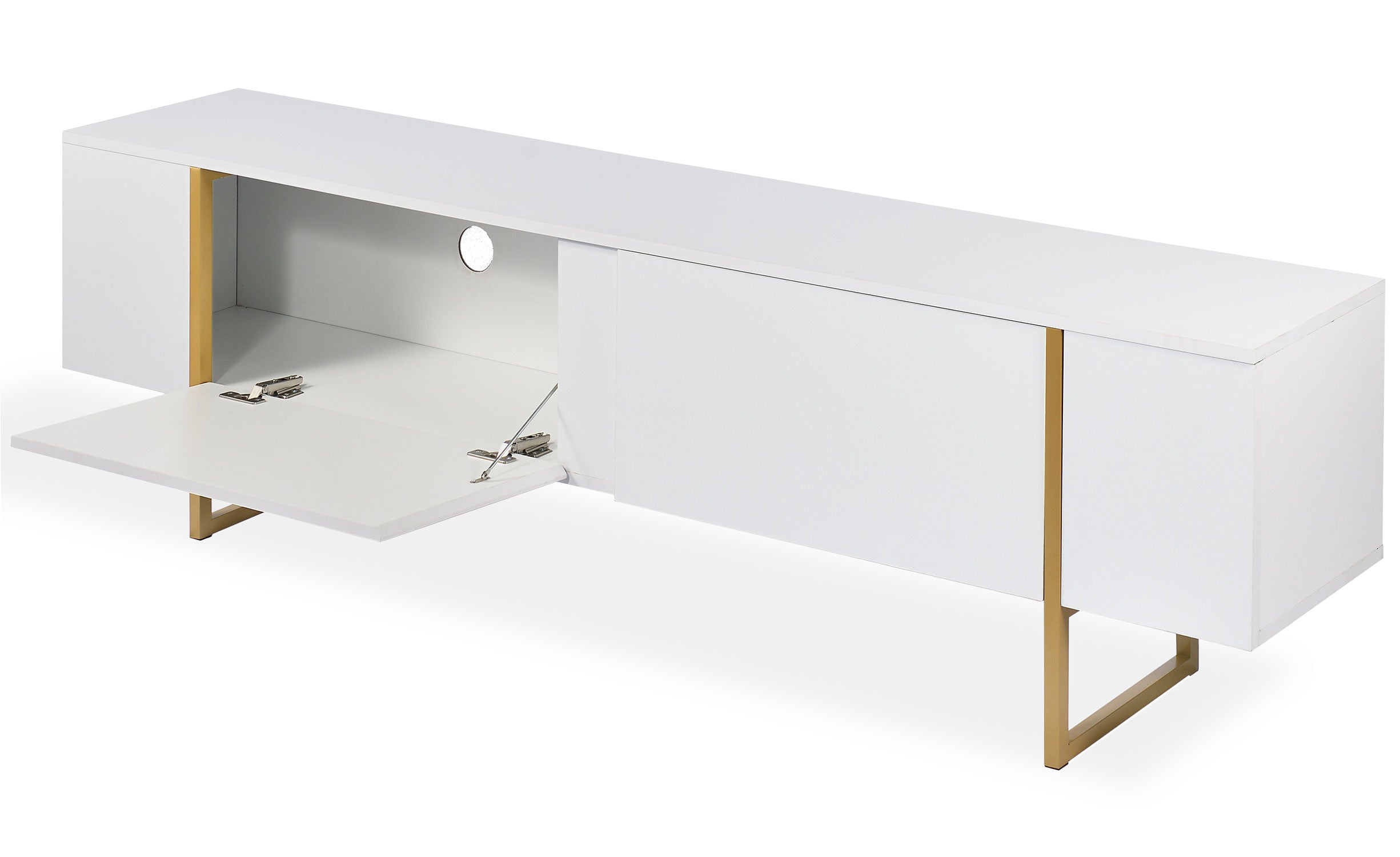 Meuble TV moderne avec 2 portes Valmain L180cm Blanc et Métal Or