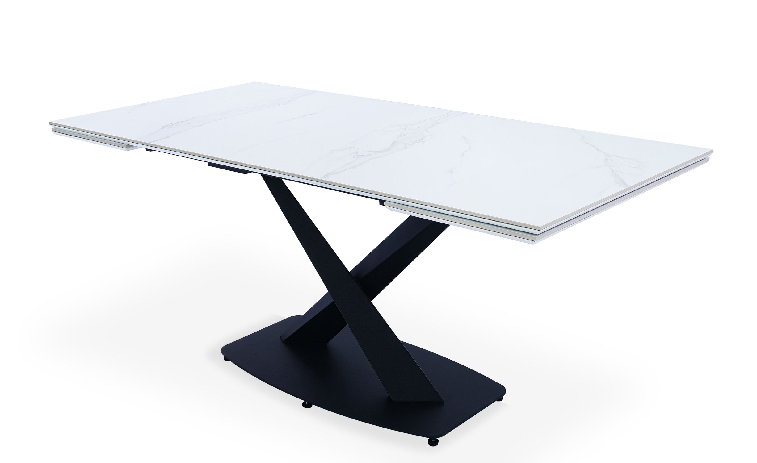 Table extensible moderne Valorane Céramique effet marbre blanc pieds Noir