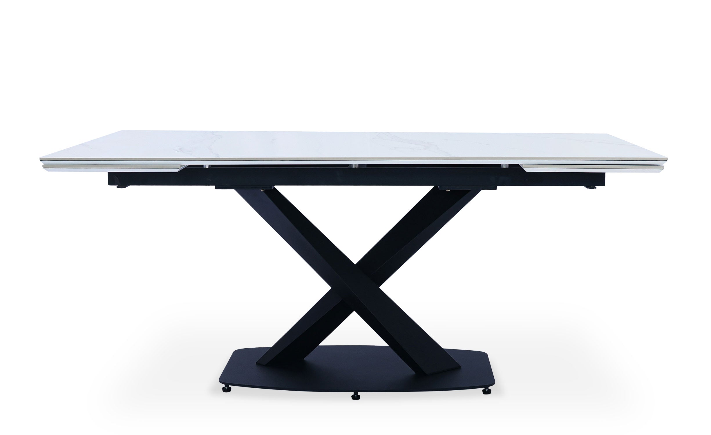 Table extensible moderne Valorane Céramique effet marbre blanc pieds Noir