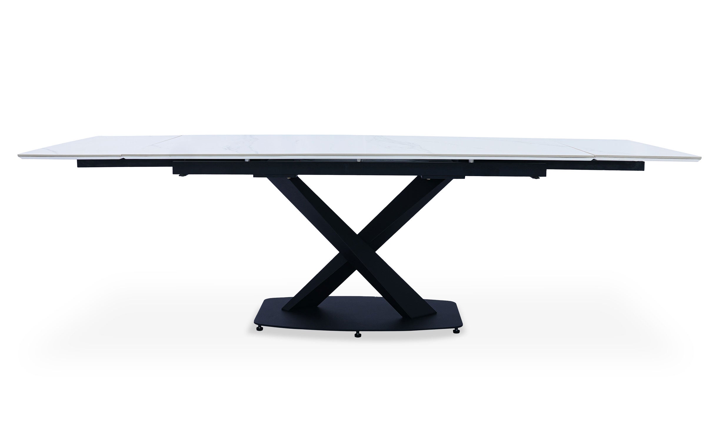 Table extensible moderne Valorane Céramique effet marbre blanc pieds Noir