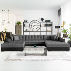 Canapé d'angle panoramique convertible Annela simili noir et tissu gris foncé