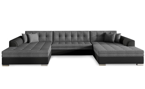 Canapé d'angle panoramique convertible Annela simili noir et tissu gris foncé