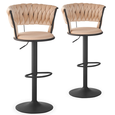 Lot de 2 chaises de bar Brillio dossier arrondi style maillage velours beige et métal noir