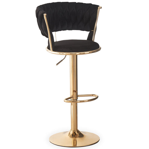 Lot de 2 chaises de bar Brillio dossier arrondi style maillage velours noir et métal or