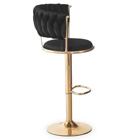 Lot de 2 chaises de bar Brillio dossier arrondi style maillage velours noir et métal or