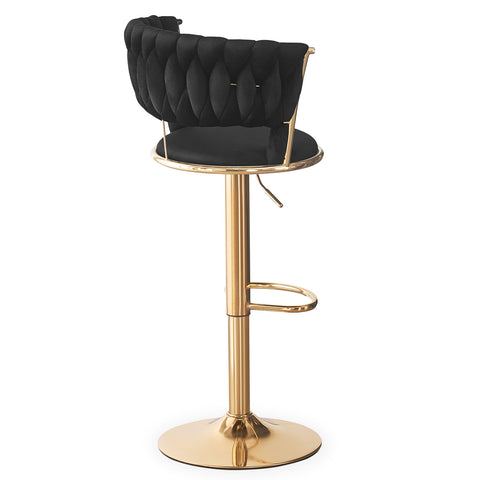 Lot de 2 chaises de bar Brillio dossier arrondi style maillage velours noir et métal or