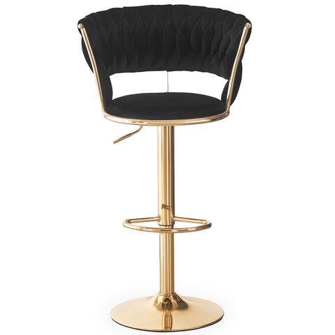 Lot de 2 chaises de bar Brillio dossier arrondi style maillage velours noir et métal or