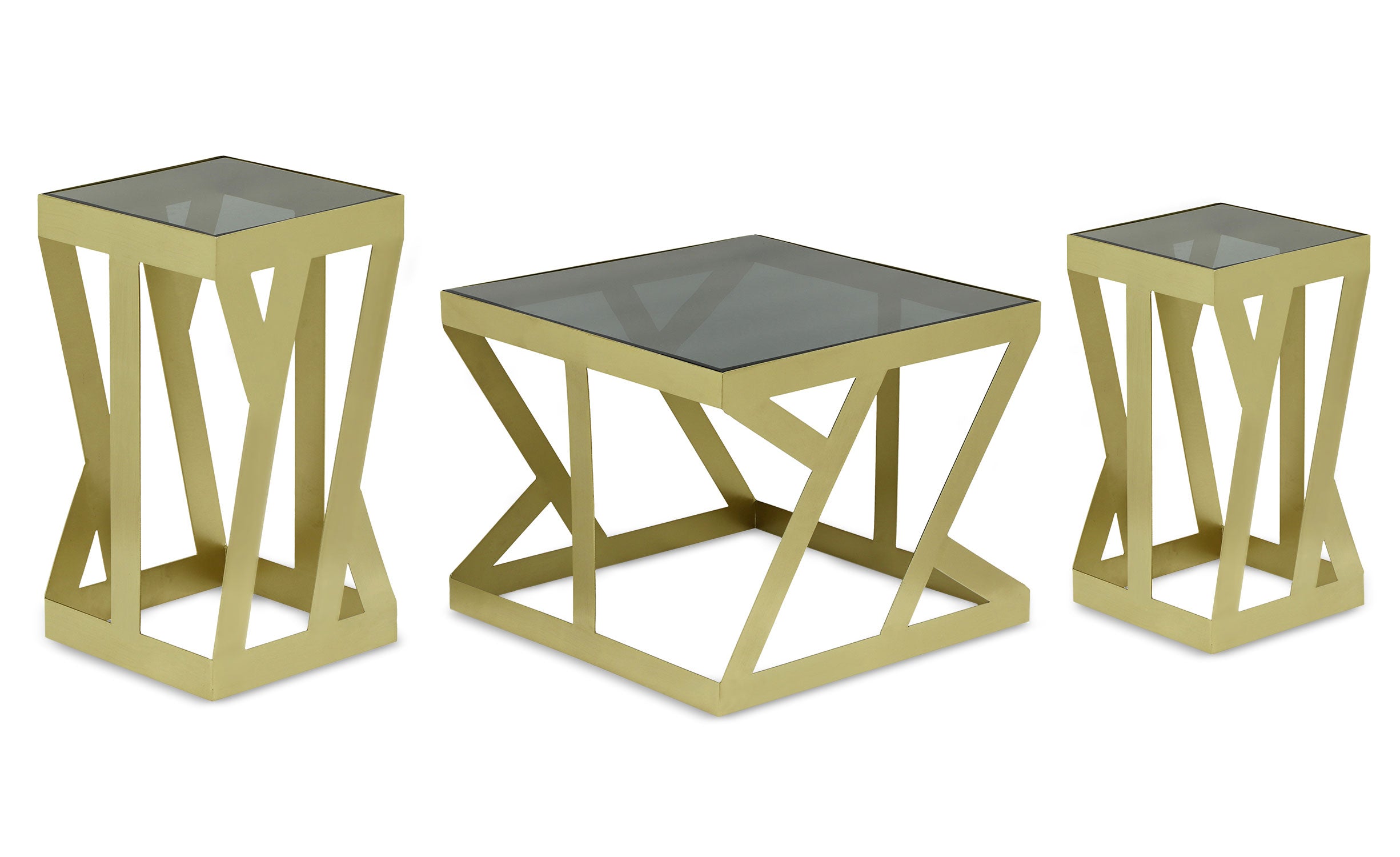 Ensemble de 3 tables d'appoint Zendaya en Verre fumé et Métal Or