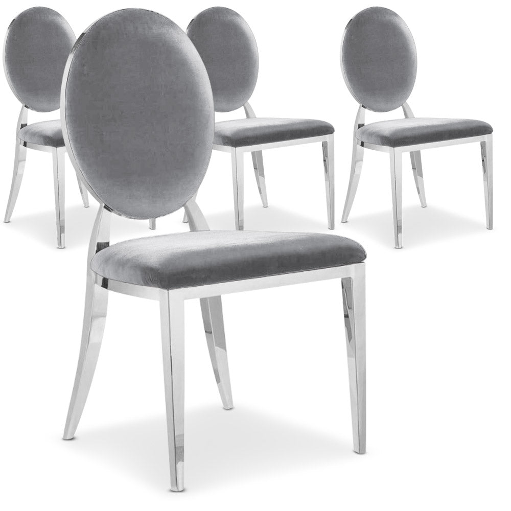 La chaise Sofia velours argent, avec son dossier oval rembourré et ses pieds en métal brillant