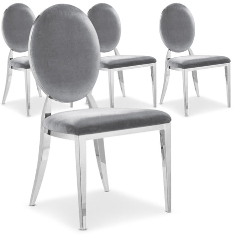 La chaise Sofia velours argent, avec son dossier oval rembourré et ses pieds en métal brillant