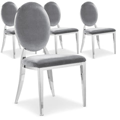 La chaise Sofia velours argent, avec son dossier oval rembourré et ses pieds en métal brillant