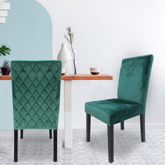 Lot de 2 chaises en velours vert avec pieds en bois